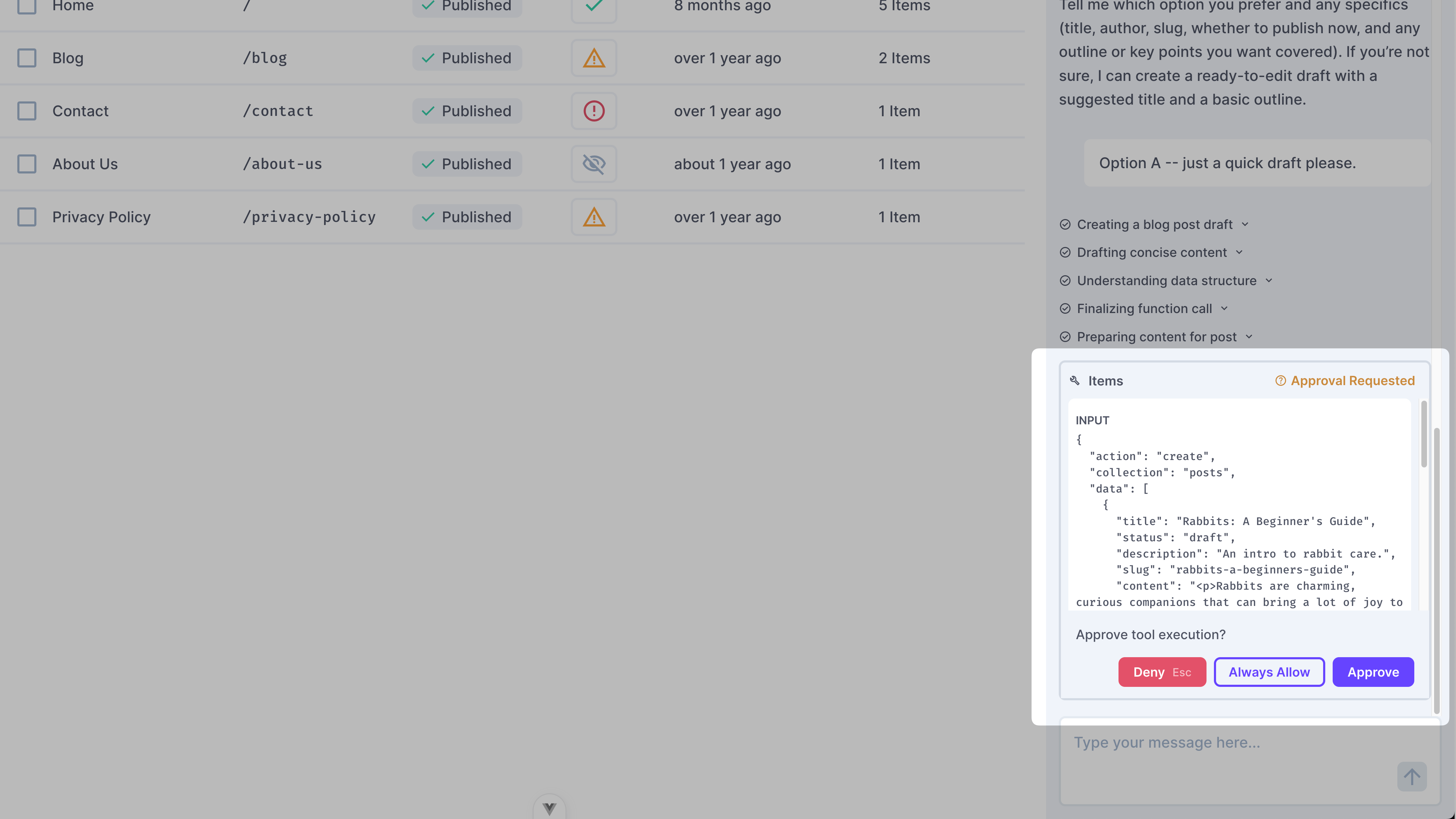 Tool approval dialog showing approve, deny, and always allow options